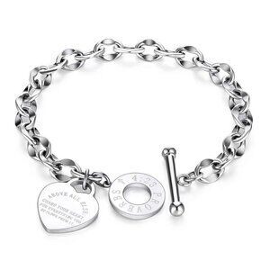Silver Women's Stainless Steel Classic Heart Engraved Toggle Clasp Bracelet